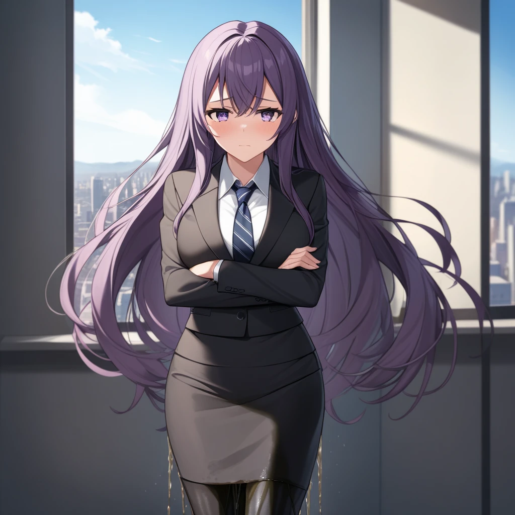 (masterpiece:1.37), best quality, (extremely detailed:1.37), office, window overlooking a bustling cityscape, woman, (mature:1.75), (adult:1.5), (very long hair:1.5), dark purple hair, purple eyes, (extremely detailed eyes:1.37), breasts, sunglasses, business suit, necktie, (very long pencil skirt:2.0), pantyhose, (wetting herself:1.5), standing straight, (desperation:1.5), full body day, daytime, glow, facing viewer, perfect composition, Perfect light and shadow, 8K, (arms crossed:1.5)