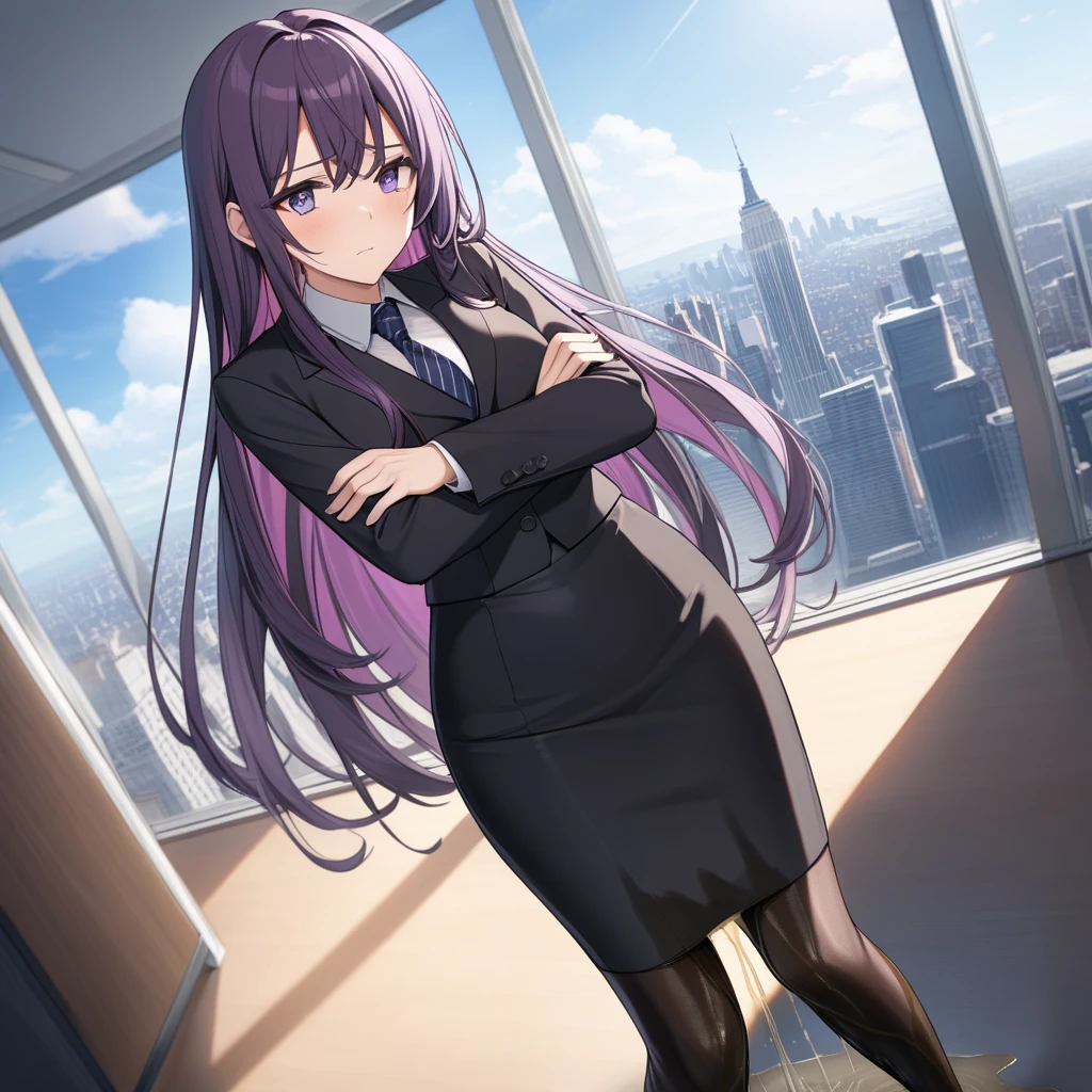 (masterpiece:1.37), best quality, (extremely detailed:1.37), office, window overlooking a bustling cityscape, woman, (mature:1.75), (adult:1.5), (very long hair:1.5), dark purple hair, purple eyes, (extremely detailed eyes:1.37), breasts, sunglasses, business suit, necktie, (very long pencil skirt:2.0), pantyhose, (wetting herself:1.5), standing straight, (desperation:1.5), full body day, daytime, glow, facing viewer, perfect composition, Perfect light and shadow, 8K, (arms crossed:1.5)