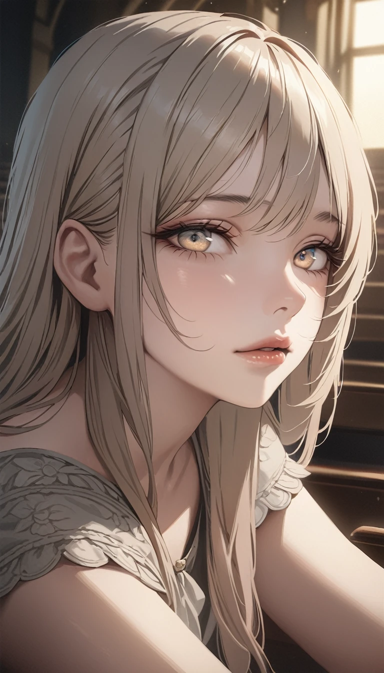 A girl, beautiful detailed eyes, beautiful detailed lips, extremely detailed eyes and face, long eyelashes, calm expression, kneeling in a church, soft and warm lighting, realistic oil painting, high-resolution (4k, 8k, or masterpiece:1.2), warm and muted color tones.