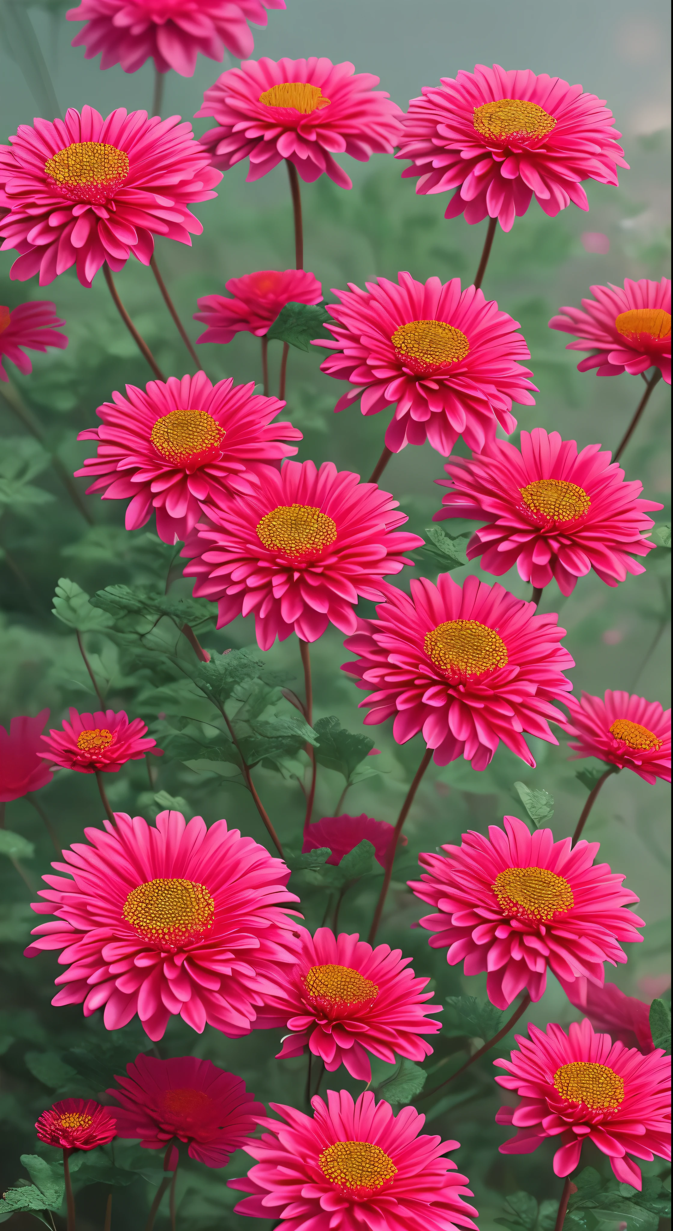with high definition images,Red chrysanthemum flower、Pink Background、Very detailed、Ultra-realistic、3d、Octane Rendering、Bright colors、Digital Painting、ArtStation Trends、Sharp Focus、