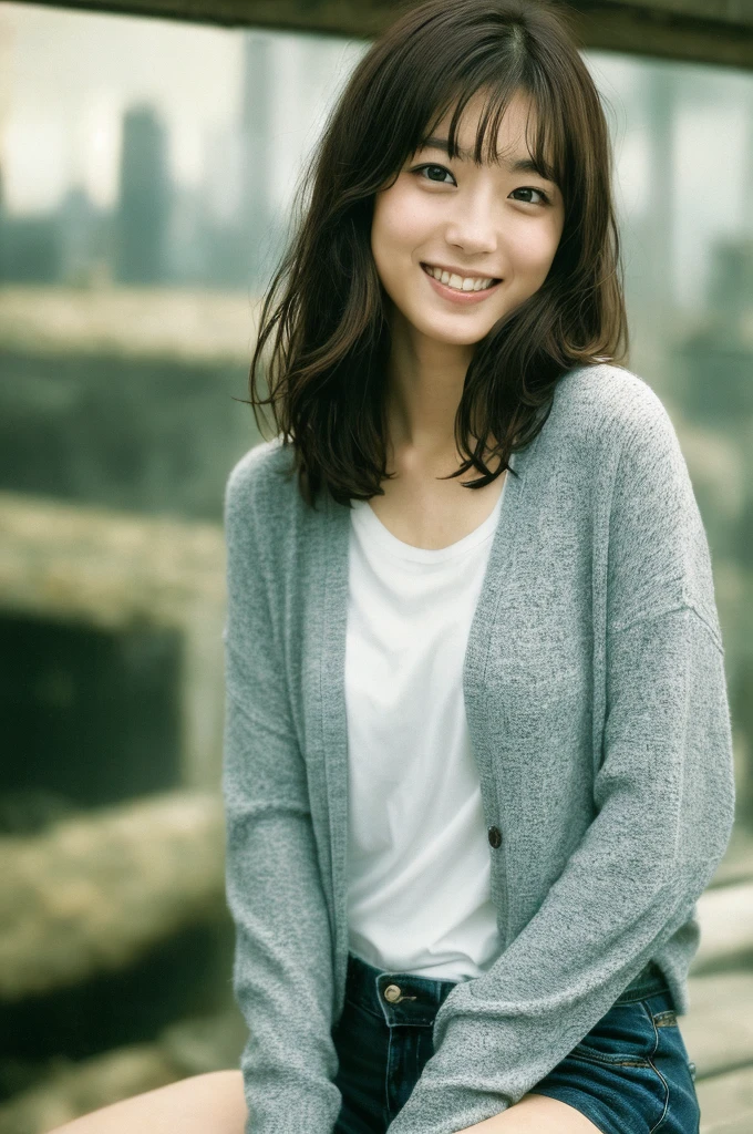 (((One girl,alone))),(Highly realistic photos, High resolution, Detailed face, Beautiful Eyes) Japanese women, 21 years old, Cute face, alone:1, Nice body, Medium chest, ,Hairstyle, Take a photo book,Blade Runner,shirt、Healthy Body,smile,Thighs