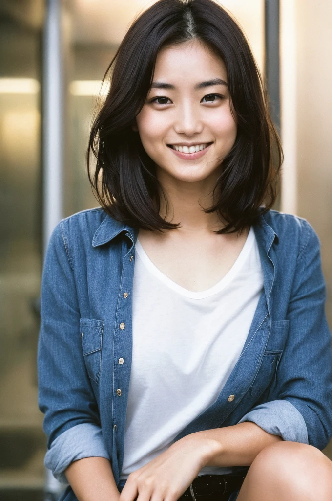 (((One girl,alone))),(Highly realistic photos, High resolution, Detailed face, Beautiful Eyes) Japanese women, 21 years old, Cute face, alone:1, Nice body, Medium chest, ,Hairstyle, Take a photo book,Blade Runner,shirt、Healthy Body,smile,Thighs