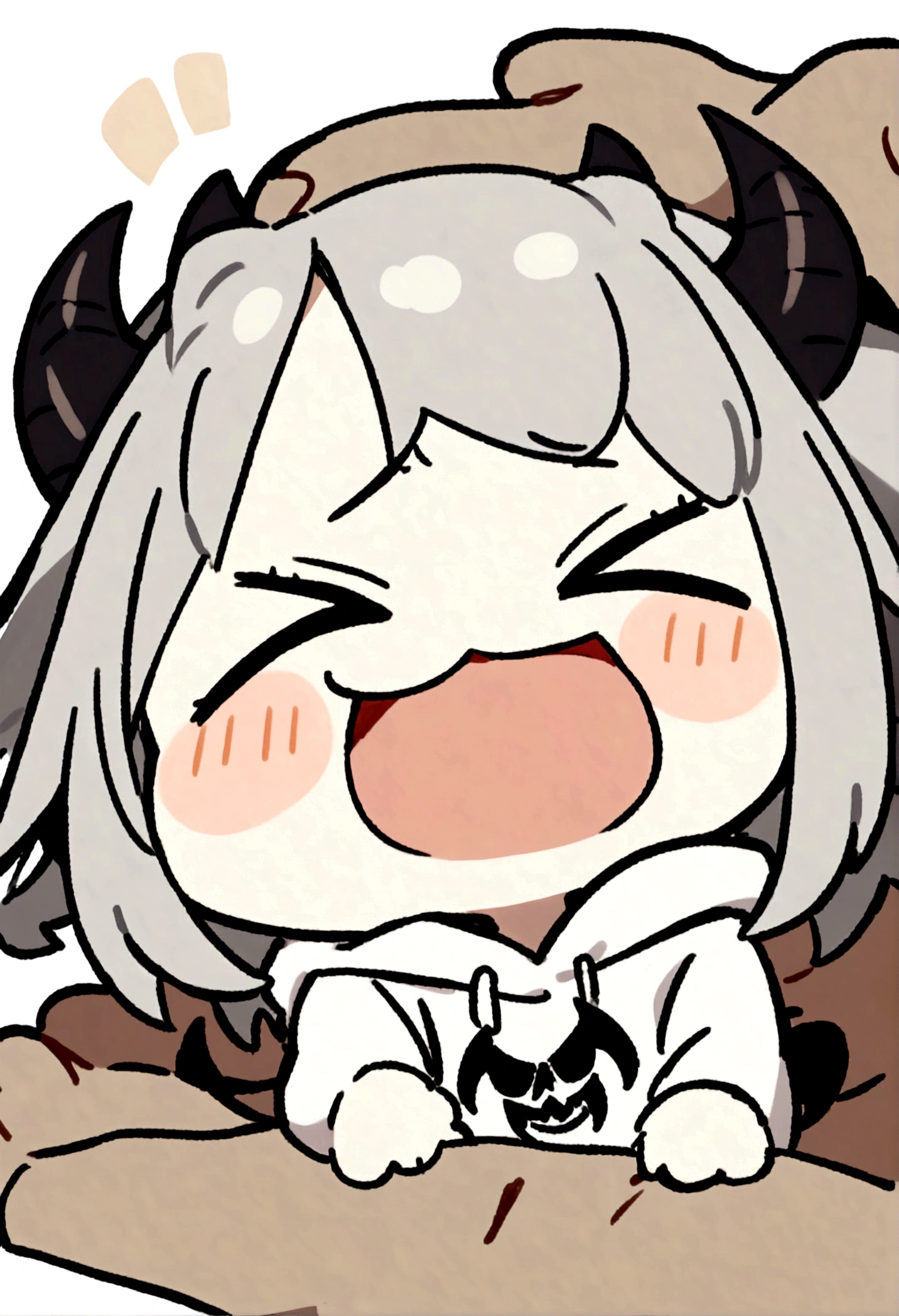 chibi drawing, Boy, white, with gray hair, wearing a white hoodie and black demon horns, laughing a lot