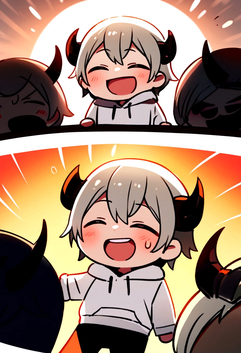 chibi drawing, Boy, white, with gray hair, wearing a white hoodie and black demon horns, laughing a lot