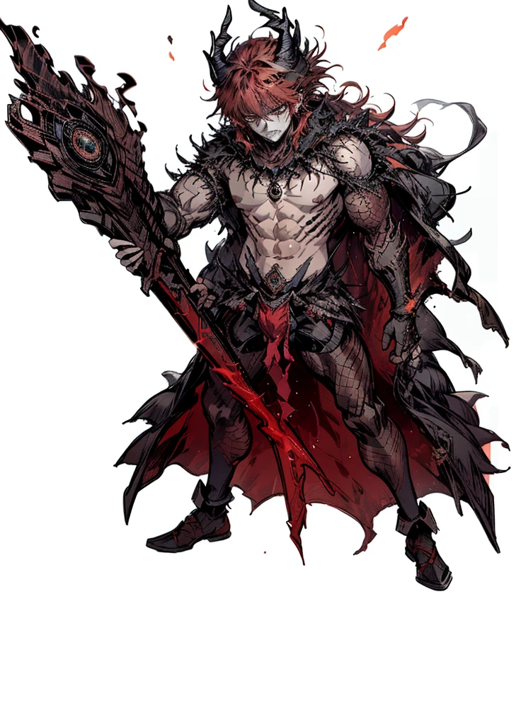 1boy,black crown,red hair, Exposed muscular chest, full of scars and burns, exposed torso, big thighs, manly, legendary weapon ,,(masterpiece, best quality), Angry, aura of fire, burns x whole body, fire devil