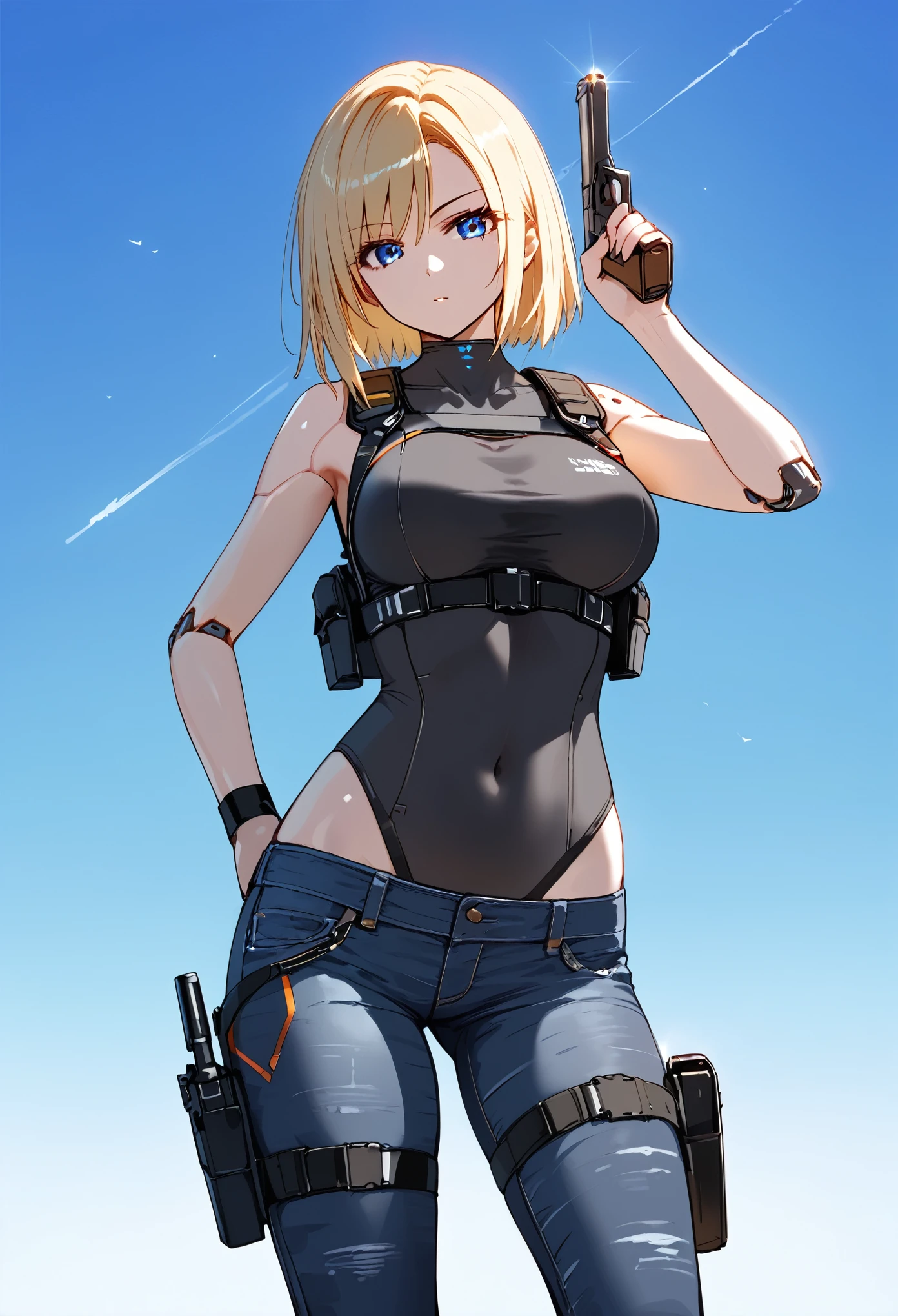 masterpiece, best quality, ultra detailed, elster, cyborg, 1girl, solo, blue eyes tops, jeans, and combat boots, covered navel, holster aiming at viewer, handgun, holding pistol, upper body,