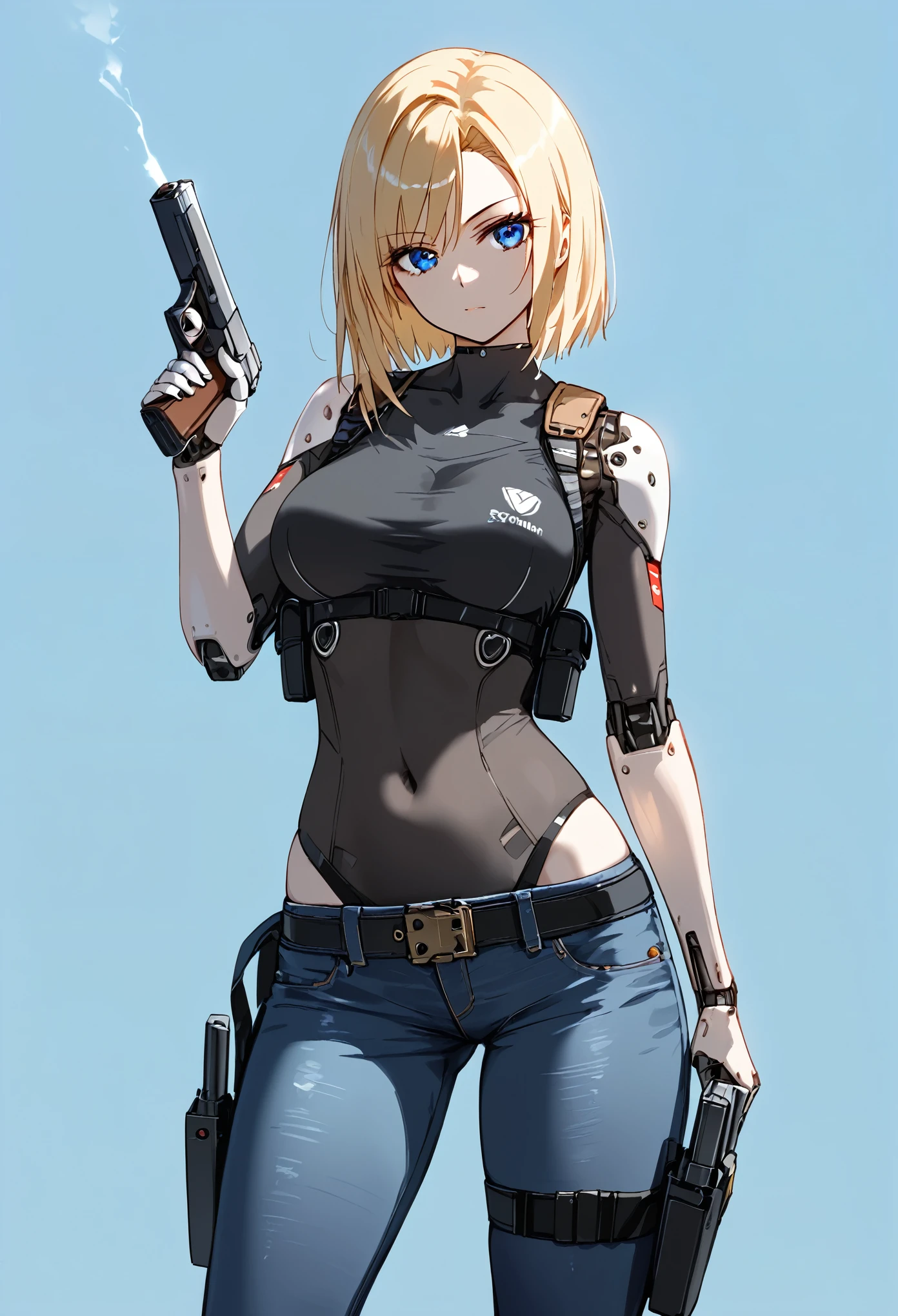 masterpiece, best quality, ultra detailed,   elster, cyborg, 1girl, solo, blue eyes tops, jeans, and combat boots, covered navel, holster aiming at viewer, handgun, holding pistol, upper body,