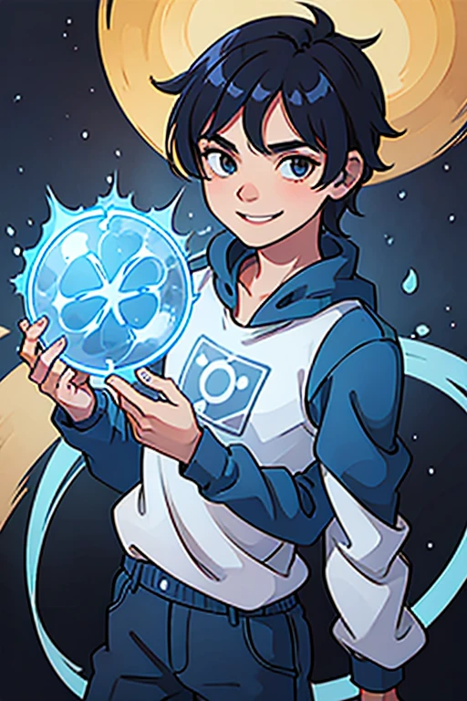 teenage man with blue powers smiling with fruit in hand