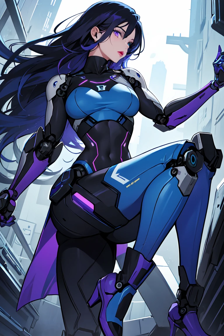 1. Light-skinned robot woman 2. Long spiky navy blue hair/dark 3. lips painted blue and purple 4. Purple eyes 5. Attractive clothing with technological and robotic implants whose predominant colors are Blue and Purple 6. wears dark blue boots 7. He has blue gloves 8. Both his arms and legs are uncovered., that is to say, His combat suit with technology and robotic parts only covers his torso., waist and chest, the elbows, arms and legs are uncovered.