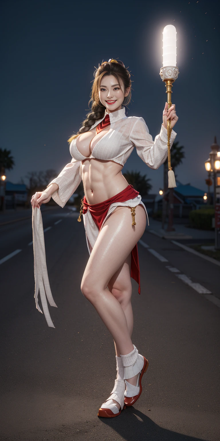 1 full length girl standing, good ass, maid of honor, Hairstyle with a white braid, by white, blind, perfect lighting, muscular, Thighs, mature woman, mummy, belly button, ABS, look at the viewer (Masterpiece, high quality: 1.1) SMILE, extremely huge breasts, maternal, Porcelain skin, extra long hair, shiny skin, good face, oni horns