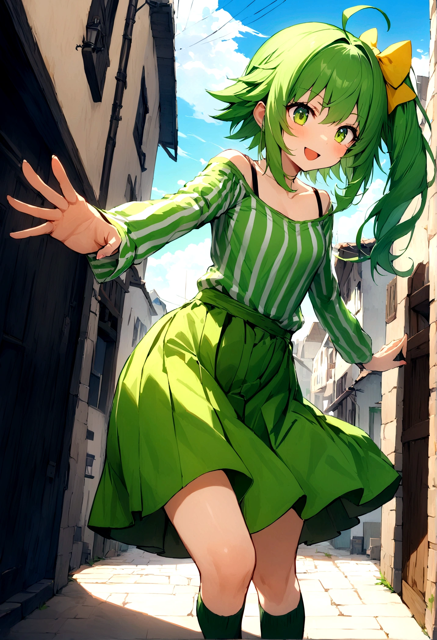 (masterpiece), (Highest quality),  One girl,Dynamic pose,smile, alone, Sorahalewatar, Ahoge, green_eye, green_hair, green_shirt, green_skirt, green_Knee socks, dull_前hair, clavicle, hair_bow, yellow_bow, length_sleeve, Moderate_hair, ~ side_ponytail, small_chest, sneakers_, Striped_shirt, absolute_ryouiki,Day,Day光,Beautiful sky,Outdoor