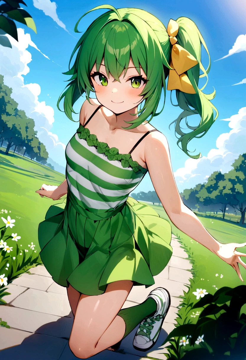 (masterpiece), (Highest quality),  One girl,Dynamic pose,smile, alone, Sorahalewatar, Ahoge, green_eye, green_hair, green_shirt, green_skirt, green_Knee socks, dull_前hair, clavicle, hair_bow, yellow_bow, length_sleeve, Moderate_hair, ~ side_ponytail, small_chest, sneakers_, Striped_shirt, absolute_ryouiki,Day,Day光,Beautiful sky,Outdoor