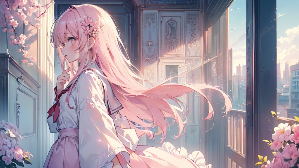 (((Highest quality、masterpiece、Ultra-fine、Ultra-fine、Exquisite、16K、Full HD,Asahi,high school girl,))) 、Dark Eyes、Long eyelashes、White skin、(Pale pink lips、Pale pink cheeks、thin and long)、 ((cute)) ((One person)) 、(profile,Reach out and feel the warmth)) 、Wide Shot、epic proportion)、