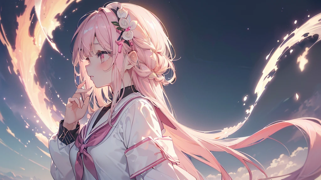 (((Highest quality、masterpiece、Ultra-fine、Ultra-fine、Exquisite、16K、Full HD,Asahi,high school girl,))) 、Dark Eyes、Long eyelashes、White skin、(Pale pink lips、Pale pink cheeks、thin and long)、 ((cute)) ((One person)) 、(profile,Reach out and feel the warmth)) 、Wide Shot、epic proportion)、