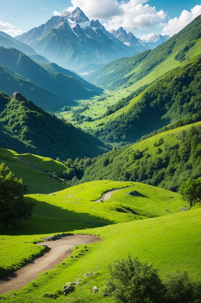 Create an image of lush green mountains with a scenery demonstrating a peaceful day