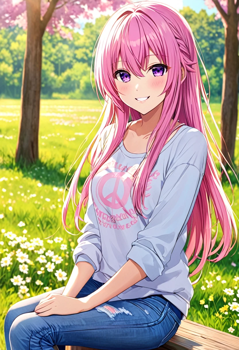 Megurine Luka smile casual clothes jeans colorful morning peace