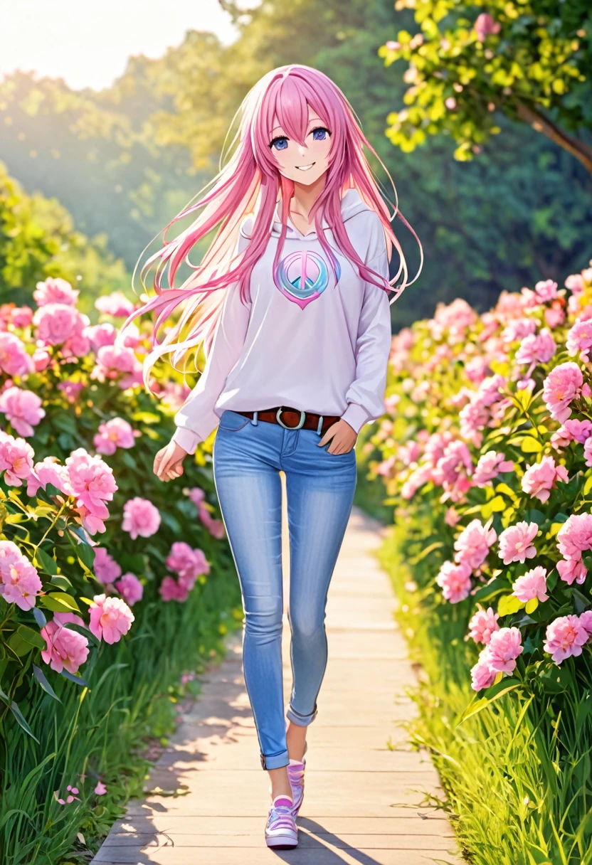 Megurine Luka smile casual clothes jeans colorful morning peace