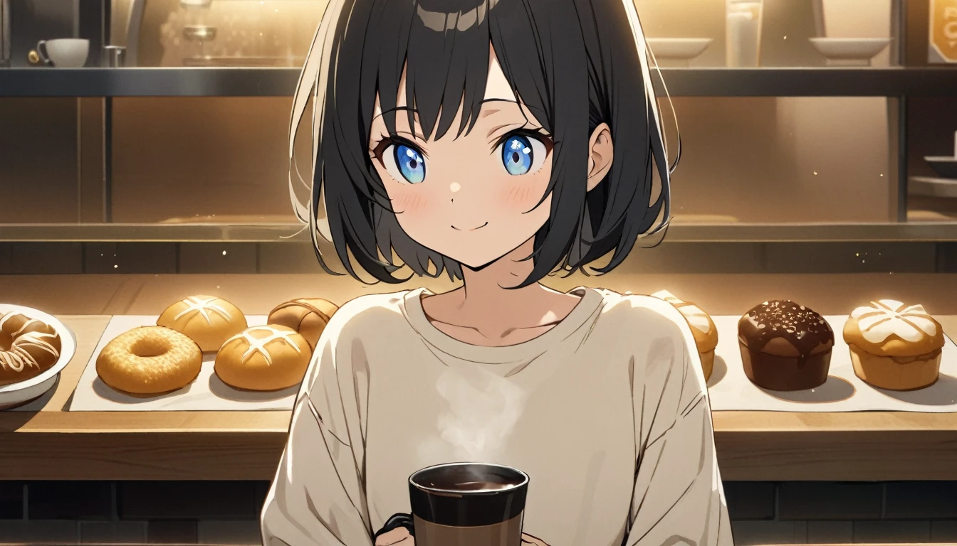 1girl, solo, blue eyes, (detailed eyes), flat chest, short hair, black hair, ((white t-shirt)), simple t-shirt, black skirt, black socks, standing, upper body, gentle smile on her face((masterpiece, illustration, best quality)) Stylish café、Anime Style、Freshly Brewed Coffee、Delicious looking baked goods、Relaxed atmosphere、Cozy atmosphere、Beautiful girl with dark hair sitting and drinking coffee、Wearing a beige cardigan、smile、Warm Light、Looking away