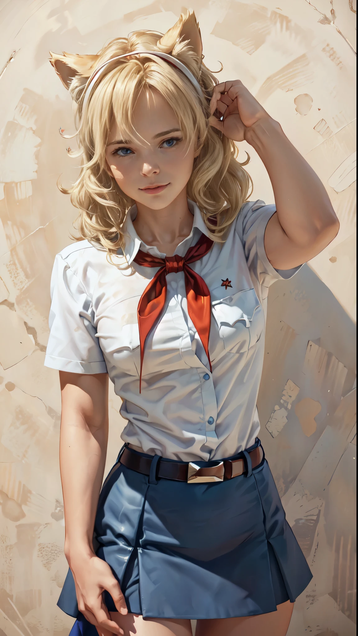 very young slim fit girl, full height, rounded face, (long curly disheveled blond hair:1.4), big blue eyes, shy smile, perfect medium breast, band on head with fake cat ears, monroe, pioneer neckerchief, short tight blue pleated skirt, bangs, tight white shirt, short sleeves, collared shirt, belt, red neckerchief, breast pocket, RAW, high detailed skin, 8k uhd, soft lighting, (masterpiece), (best quality:1.2), absurdres, thick outlines, (vibrant shadows), deep shadows, detailed eyes, full height, (high quality), high detailed background, high detailed face, high detailed finger