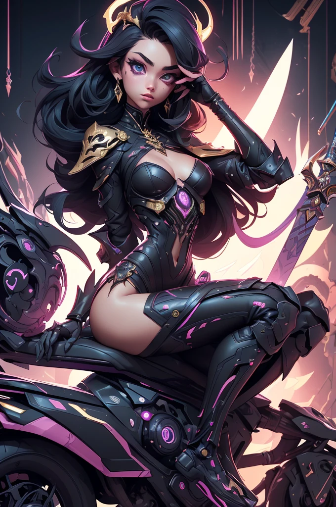 ( High quality , Ultra-detail, carefully with your hand )tarot card, chiaroscuro technique on sensual illustration of an queen of sword, a teenage fashion model wearing an exo-skeleton mask, vibrant colors, futuristic cyberpunk style, intricate details, cinematic lighting, dramatic pose, an elegant complex bio mechanical onyx and gold, intricate details, official art, unity 8k wallpaper, ultra detailed, beautiful and aesthetic, (in a room with black walls illuminated by violet neon lights :1.1)