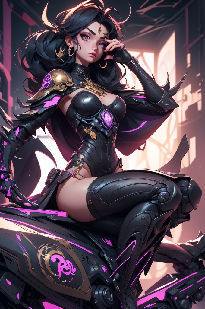 ( High quality , Ultra-detail, carefully with your hand )tarot card, chiaroscuro technique on sensual illustration of an queen of sword, a teenage fashion model wearing an exo-skeleton mask, vibrant colors, futuristic cyberpunk style, intricate details, cinematic lighting, dramatic pose, an elegant complex bio mechanical onyx and gold, intricate details, official art, unity 8k wallpaper, ultra detailed, beautiful and aesthetic, (in a room with black walls illuminated by violet neon lights :1.1)
