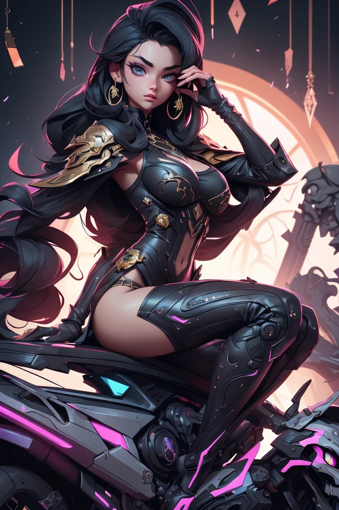 ( High quality , Ultra-detail, carefully with your hand )tarot card, chiaroscuro technique on sensual illustration of an queen of sword, a teenage fashion model wearing an exo-skeleton mask, vibrant colors, futuristic cyberpunk style, intricate details, cinematic lighting, dramatic pose, an elegant complex bio mechanical onyx and gold, intricate details, official art, unity 8k wallpaper, ultra detailed, beautiful and aesthetic, (in a room with black walls illuminated by violet neon lights :1.1)
