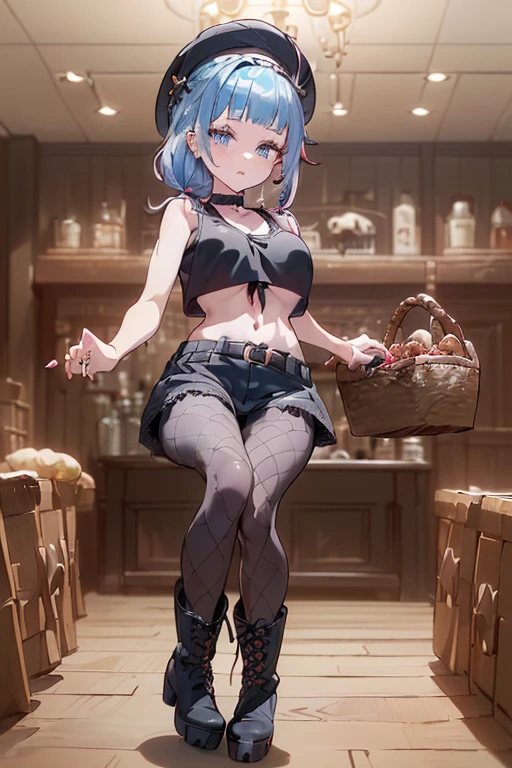 (perky chest:1.2), (pointed chest:1.2),(((Black Tunic:1.3))),(((cakes and bread in the basket),Cute and beautiful girl,masterpiece、highest quality、Very detailed、Beautiful fine details、One Girl、Detailed landscape、Training gym Room Background:1.4、Braided Ponytail、Red camisole、((B cup breasts, Tank top showing underboob:1.3)), black jacket, thigh strap, bangs, necktie, earrings, nail polish, fishnet pantyhose, multicolored hair, looking at viewer, full body, bottle, own hands together, belt, food, animal on head, black necktie, ring, choker, english text paper:1.2, collared shirt, blue eyes, platform boots, hat,lace-up boots ,
