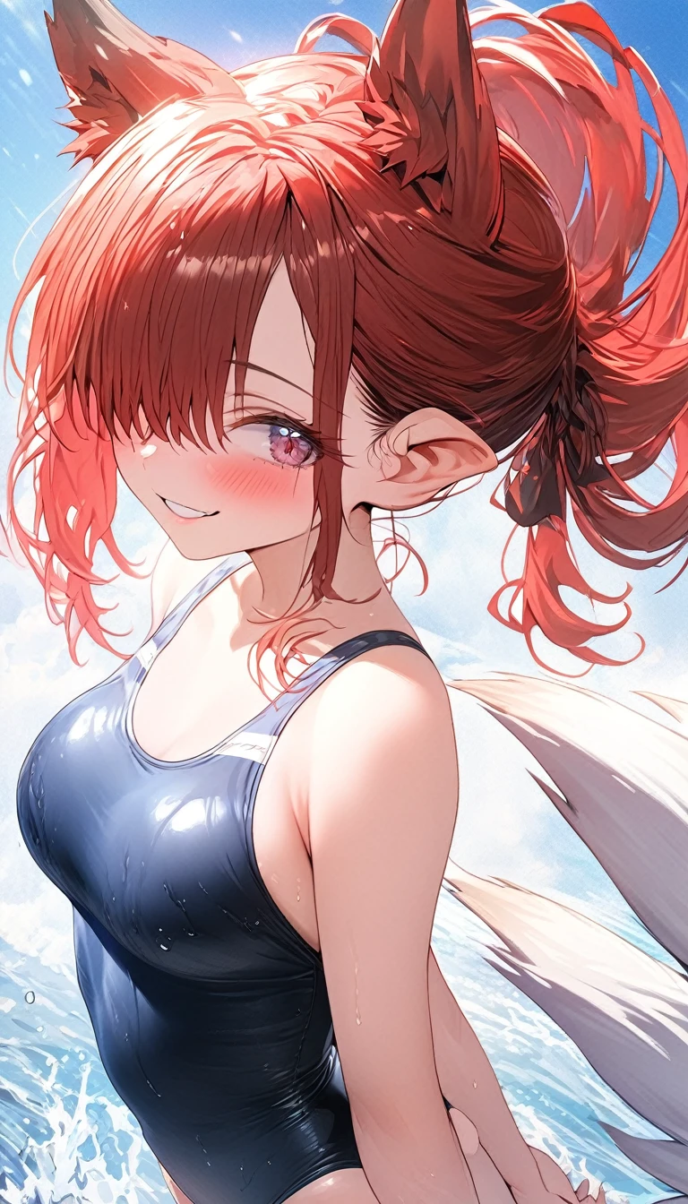 (8k, 4k, Masterpiece, Ultra quality, Ultra detail, HDR, Anime, Brighter colors), (1girl, Kitsune ears, Cherry-red hair, medium hair, Bangs over one eye, Tied hair, Blush,smiling, breasts, (one-piece swimsuit, thigh highs), Standing , Hands behind back