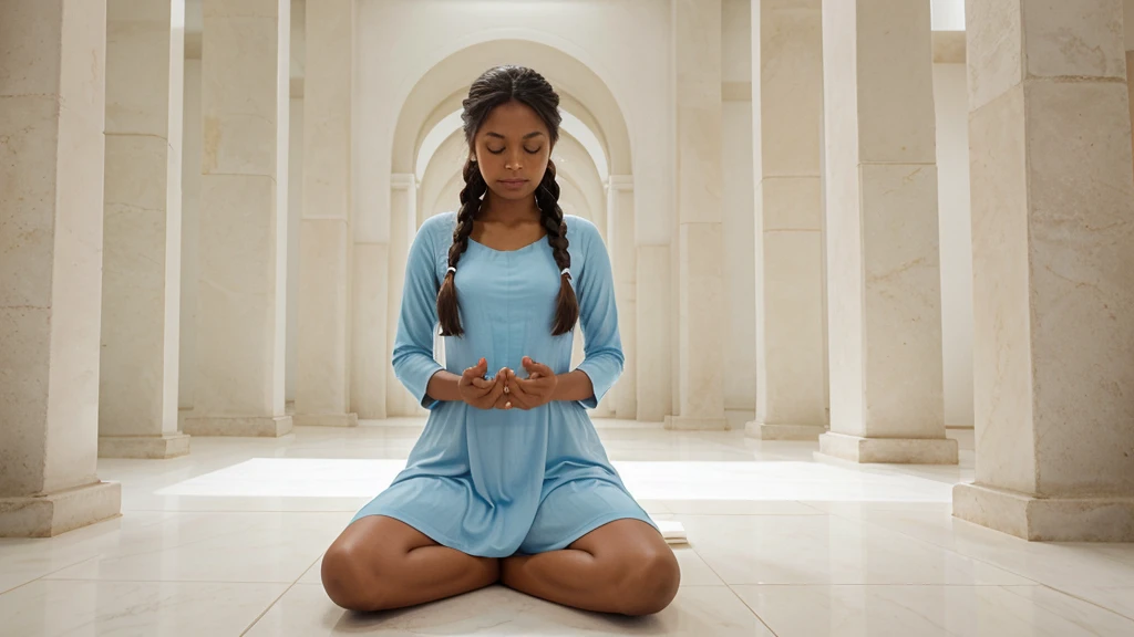 A woman with brown skin tone similar to that of an Indian, with long, straight, brown hair styled in two braids, in a meditation position with her eyes closed and hands in a prayer position. She is wearing a light and flowing blue dress. The image should be full-body, highly realistic, showing the woman in a meditation pose in an entirely white temple with a white floor, white stone walls, white ceiling, and white columns.