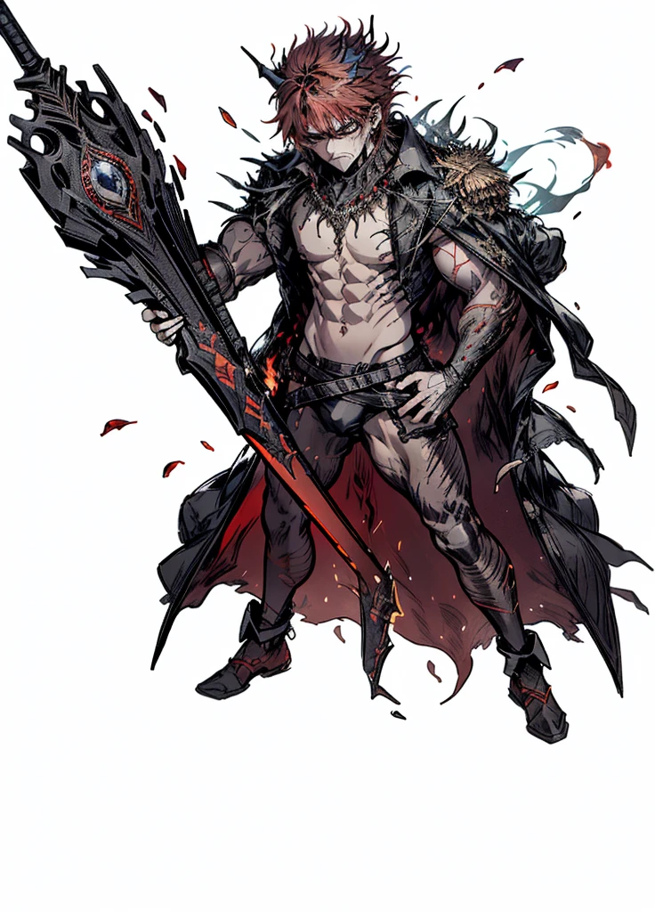 1boy,black crown,red hair, Exposed muscular chest, full of scars and burns, exposed torso, big thighs, manly, legendary weapon ,,(masterpiece, best quality), Angry, aura of fire, burns x whole body, fire devil