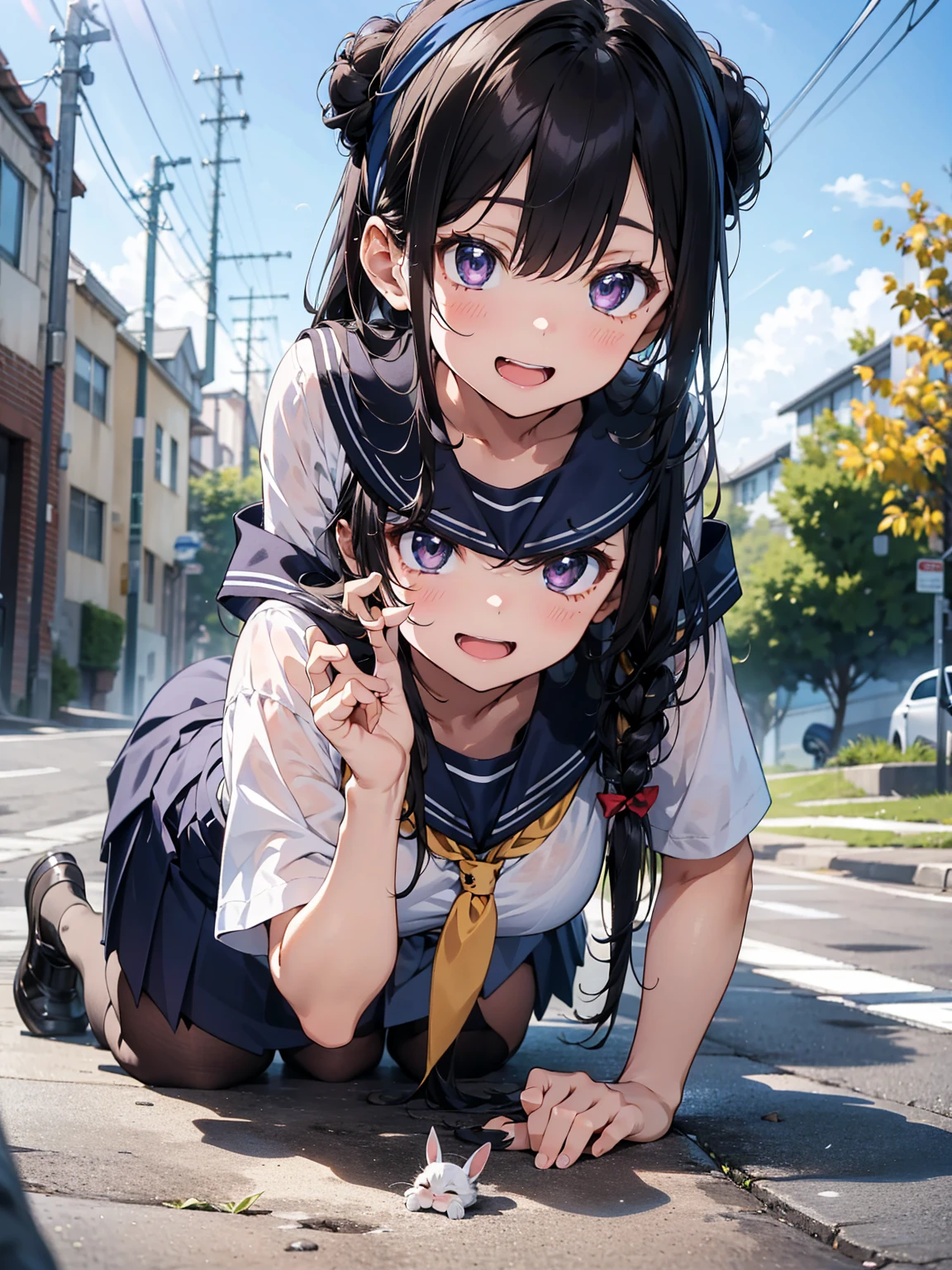 8K, Highest quality, masterpiece, Very detailed, Ultra-high resolution, Realistic, RAW Photos, Absolute Resolution, face is small compared to body, Very small face, Black Hair, High school girl wearing a navy sailor suit, Anime 2D Rendering, Realistic若いアニメの女子高生, ((White headband)), Purple eyes, Small breasts, expensive, Slanted Eyes, (School Scene), Black Stockings, Bright colors, Open your mouth, Dark blue skirt, Braid, Buns pats, Top-down position, Lying face down, Playing with rabbits on the ground, smile,