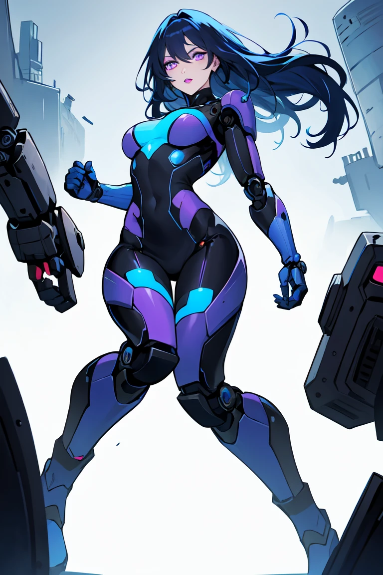 1. Light-skinned robot woman 2. Long spiky navy blue hair/dark 3. lips painted blue and purple 4. Purple eyes 5. Attractive clothing with technological and robotic implants whose predominant colors are Blue and Purple 6. wears dark blue boots 7. He has blue gloves 8. Both his arms and legs are uncovered., that is to say, His combat suit with technology and robotic parts only covers his torso., waist and chest, the elbows, arms and legs are uncovered.