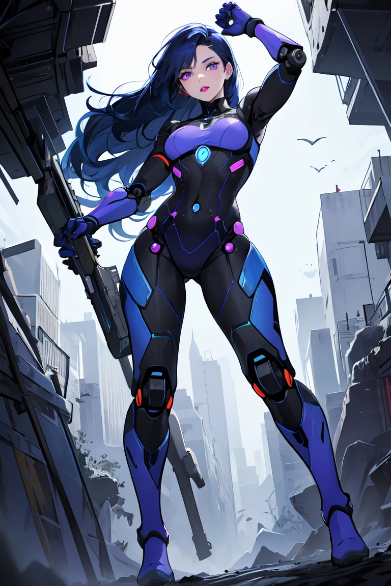 1. Light-skinned robot woman 2. Long spiky navy blue hair/dark 3. lips painted blue and purple 4. Purple eyes 5. Attractive clothing with technological and robotic implants whose predominant colors are Blue and Purple 6. wears dark blue boots 7. He has blue gloves 8. Both his arms and legs are uncovered., that is to say, His combat suit with technology and robotic parts only covers his torso., waist and chest, the elbows, arms and legs are uncovered.