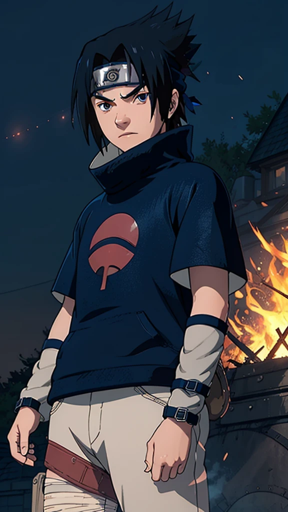 1 boy, Sasuke Uchiha, wearing a black t shirt , Uchiha mark on  t shirt , red glowing detailed eyes, bonfire night, best quality, 3D figure, octane rendered, 24K resolution, extremely detailed 