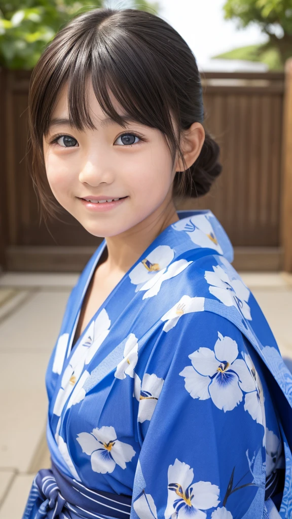 11 year old girl Japanese Blue yukata with iris pattern、yukata Realistic Skin Bigeyes smile