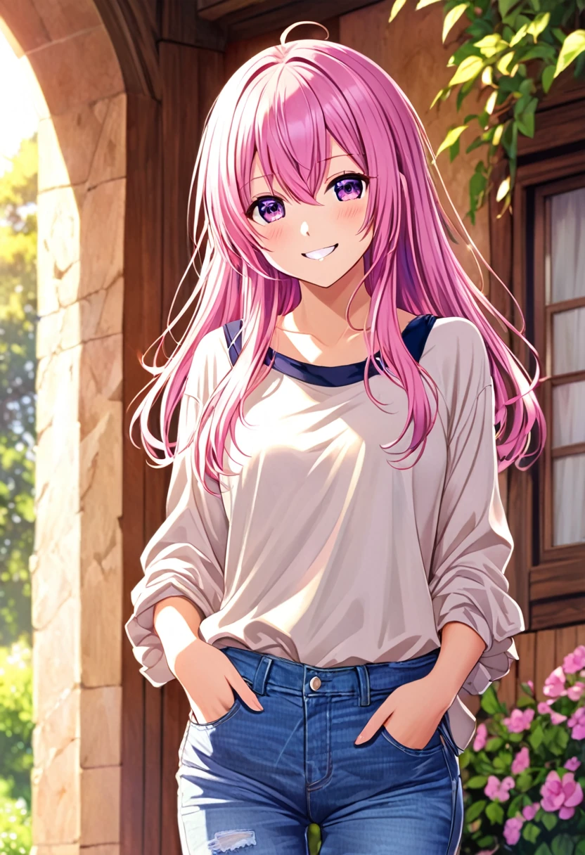 Megurine Luka smile casual clothes jeans colorful morning peace