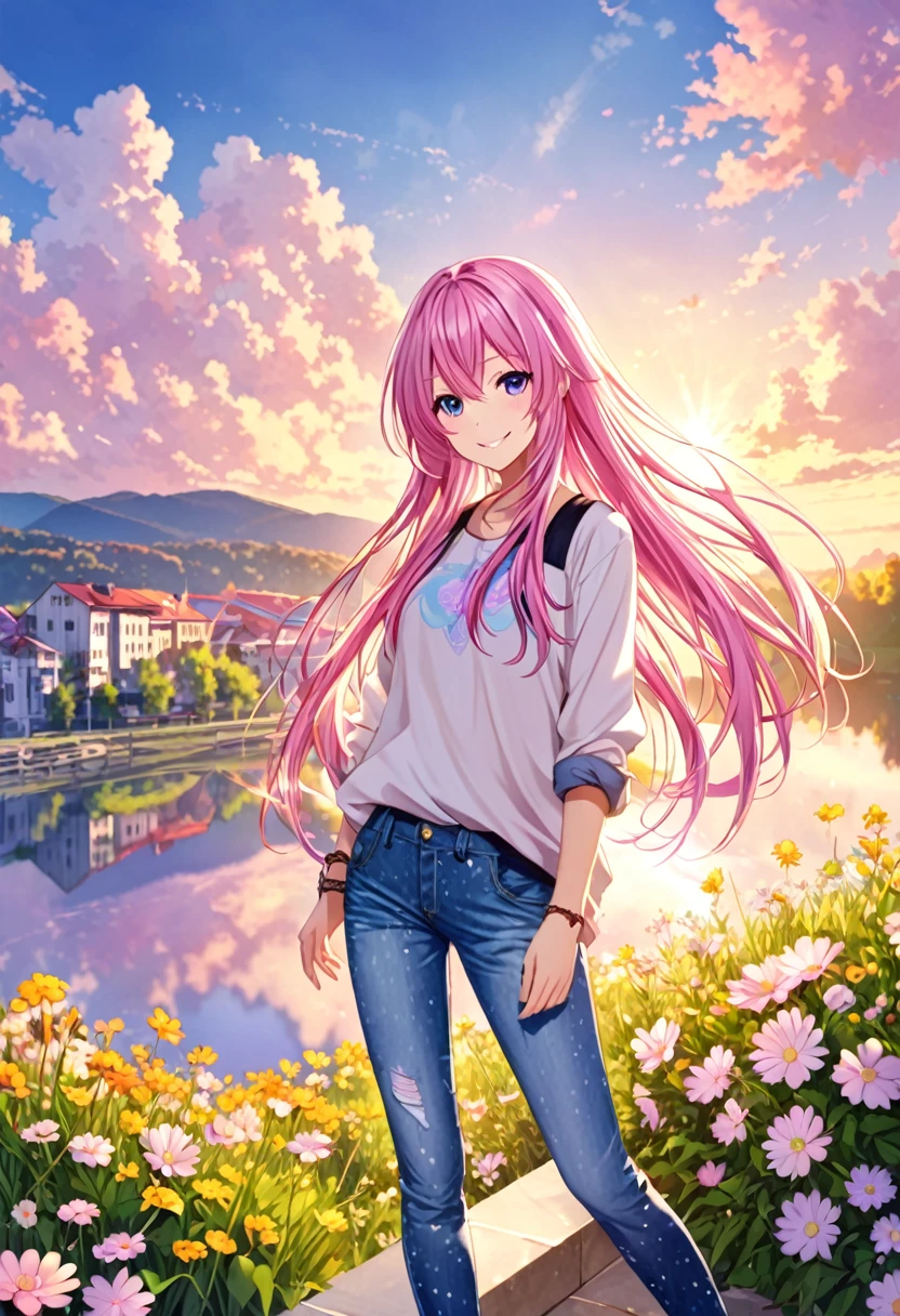 Megurine Luka smile casual clothes jeans colorful morning peace