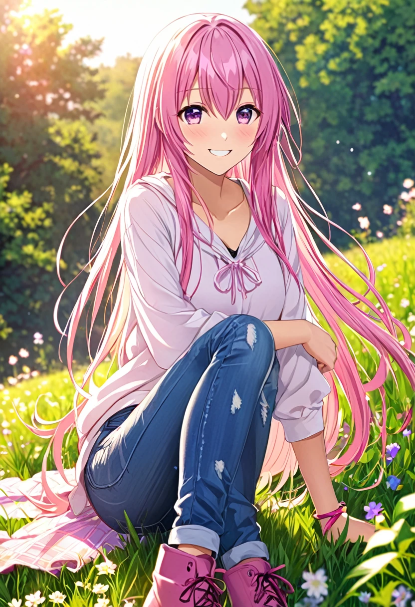 Megurine Luka smile casual clothes jeans colorful morning peace