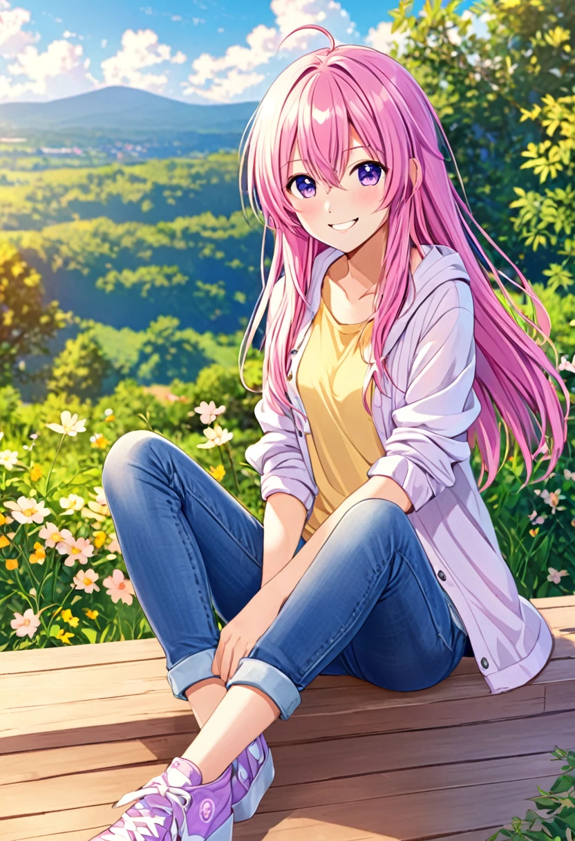 Megurine Luka smile casual clothes jeans colorful morning peace