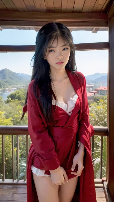 ((best quality, 8 thousand, masterpiece:1.4)), (20세 female),masterpiece, separate, Highres, High_quality, large_launch, small_face, absurdly_long_hair, female, sag_chest, strike a balance, stretching, mild_face, center_open, ( wavy hair), (a scene from a movie), (location: apartment, treehouse, stilt_house, shack, hut), (open_robe:1.6), standing, Sizes_of_panties, frilled_bra, medium breasts,