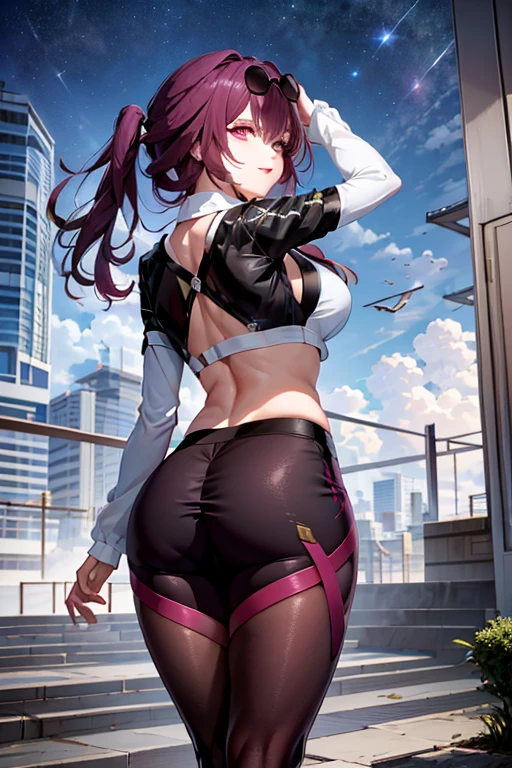 (work of art, best qualityer), high qualiy, absurderes, high resolution, ultra detaild, intricate, Beautiful woman, 1 girl, kafka \(honkai: star rail\), star-kafka, gazing at viewer, from behind, Looking back, It is, toned, sports well, Legging, high-waisted pants, yoga pants, cabelo roxo, pink eyes, sunglIt ises, hair between the eyes, Glasses on the head, plein-air, Science fiction, citys, giantess