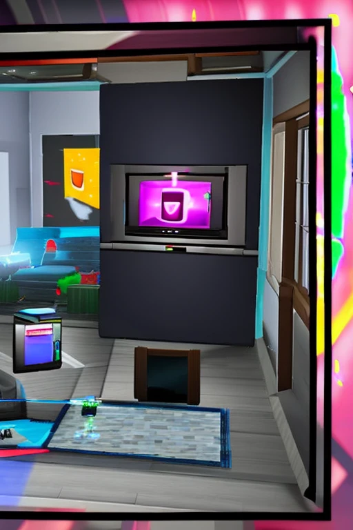 A normal robloxian Roblox character that looks like, inside of a house experience during the night and it looks like a normal house in the living room, Roblox character, happy picture of him holding a cell phone looking at the screen they really broken glitchy TV in the background and two glowing eyes and a window