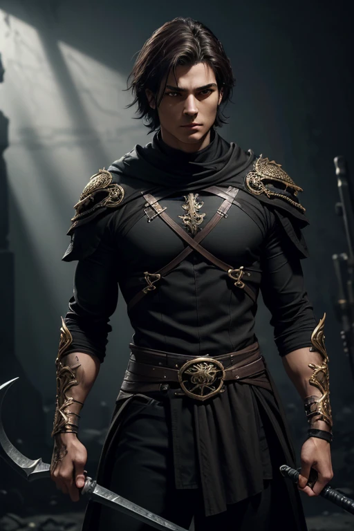 a young man with peach skin, messy medium length dark brown hair, golden amber eyes, holding a large black scythe called Obsidian Fury, dark fantasy, extremely detailed face, ultra-detailed, 8k, realistic, photorealistic, masterpiece, dramatic lighting, cinematic, intricate details, chiaroscuro, gothic, moody, dramatic