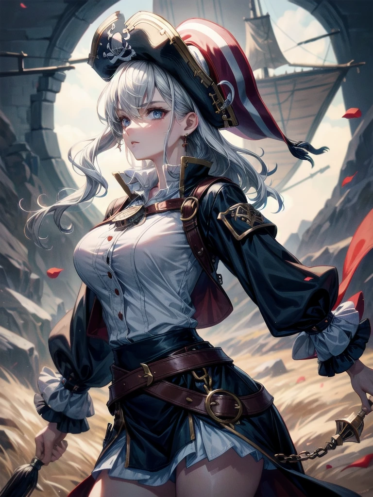 (Practical pirate clothing), Long-sleeved pirate top, Skirt, torn pirate hat, absurdres, RAW photo, extremely delicate and beautiful, masterpiece, Best Quality, ultra high resolution, 32k, hyperrealistic, ultra-detailed, detailed description, pale skin, 20 years old, tearful mole, earring, big tits, short medium hair, wavy hair, whole body shot,