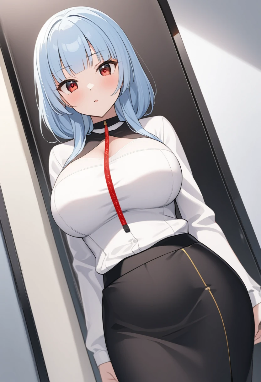 My name is Yukiko.I am a white test woman with long light blue  hair,red eye color.I am 1.62 cm tall . My breasts measure 200 cm, my waist 40 cm and my hips 200 cm. Dressed in a low-cut white blouse and a tight black skirt  . With big breasts 200 cm