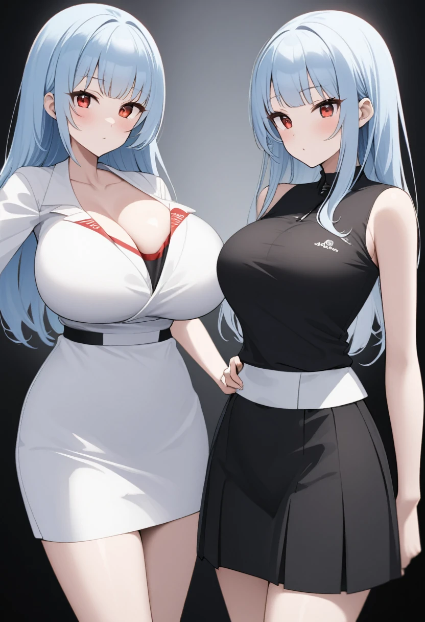 My name is Yukiko.I am a white test woman with long light blue  hair,red eye color.I am 1.62 cm tall . My breasts measure 200 cm, my waist 40 cm and my hips 200 cm. Dressed in a low-cut white blouse and a tight black skirt  . With big breasts 200 cm