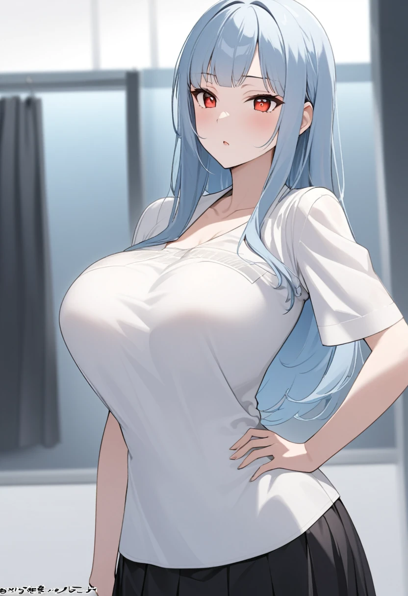 My name is Yukiko.I am a white test woman with long light blue  hair,red eye color.I am 1.62 cm tall . My breasts measure 200 cm, my waist 40 cm and my hips 200 cm. Dressed in a low-cut white blouse and a tight black skirt  . With big breasts 200 cm