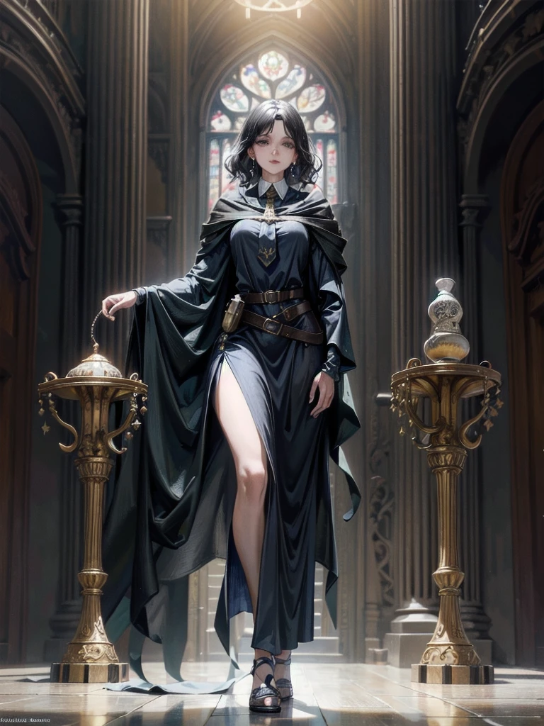 whole body, a large medieval castle interior, large ornate castle hall with high ceilings, hogwarts teacher, necktie, cloak, absurdres, RAW photo, extremely delicate and beautiful, masterpiece, Best Quality, ultra high resolution, 32k, hyperrealistic, ultra-detailed, perfect figure, perfect shape, detailed description, pale skin, 20 years old, detailed beautiful face and eyes, tearful mole, earring, short medium hair, wavy hair, black hair,