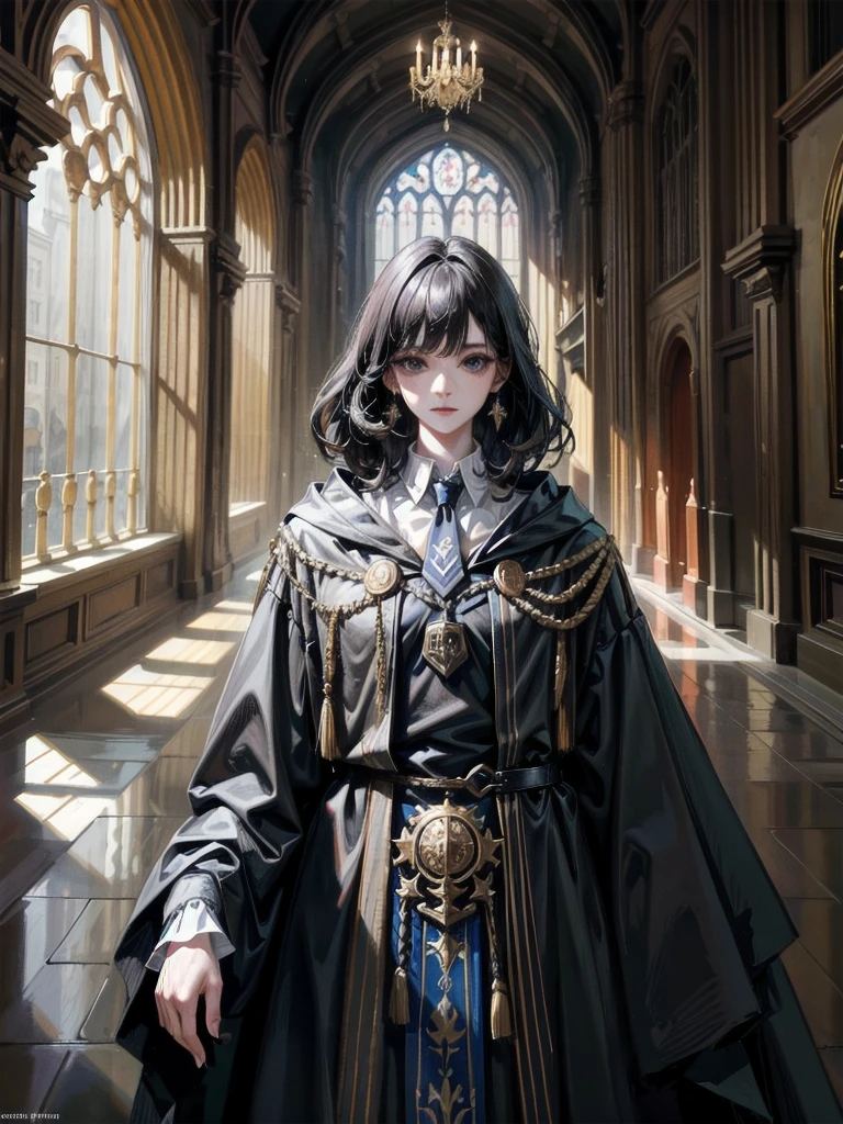 whole body, a large medieval castle interior, large ornate castle hall with high ceilings, hogwarts teacher, necktie, cloak, absurdres, RAW photo, extremely delicate and beautiful, masterpiece, Best Quality, ultra high resolution, 32k, hyperrealistic, ultra-detailed, perfect figure, perfect shape, detailed description, pale skin, 20 years old, detailed beautiful face and eyes, tearful mole, earring, short medium hair, wavy hair, black hair,