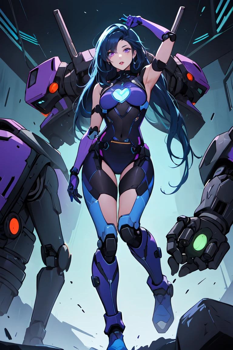 1. Light-skinned robot woman 2. Long spiky navy blue hair/dark 3. lips painted blue and purple 4. Purple eyes 5. Attractive clothing with technological and robotic implants whose predominant colors are Blue and Purple 6. wears dark blue boots 7. He has blue gloves 8. Both his arms and legs are uncovered., that is to say, His combat suit with technology and robotic parts only covers his torso., waist and chest, the elbows, arms and legs are uncovered.